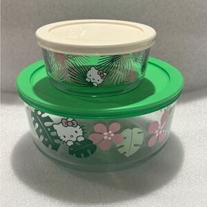 Hello Kitty Floral Glass Storage Bowls - Green & white